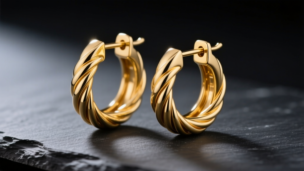 Macro shot of 14k yellow gold double hoop earrings on dark slate, highlighting concentric wire loops and a hinged clasp.