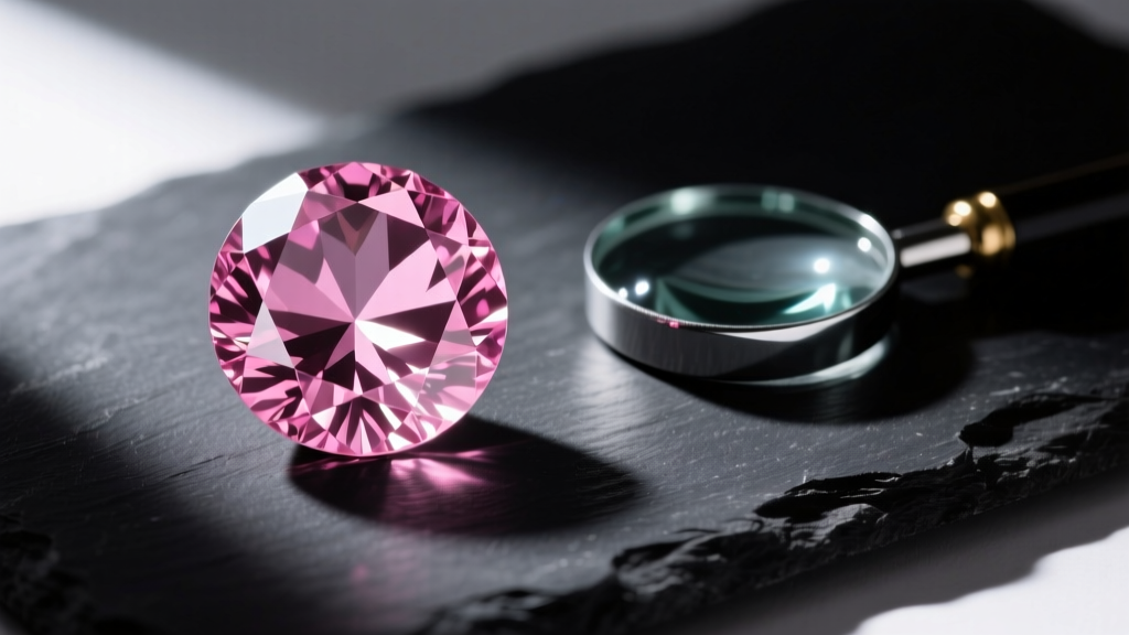 Macro shot of a faceted pink topaz gemstone showing internal light refraction, resting on dark slate beside a small jeweler loupe.