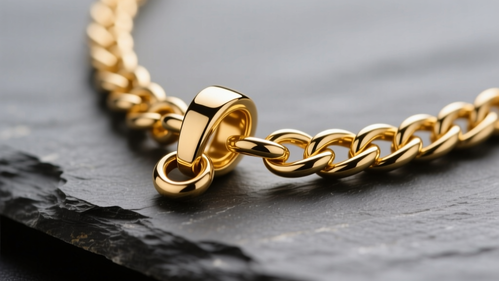 Macro view of a gold statement pendant necklace on slate, detailing the soldered bail and thick wheat chain under warm lighting.