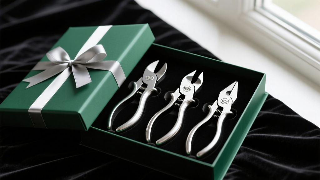 A beautifully wrapped gift box opened to reveal a set of three PepeTools Ultra Series flush cutters resting on dark velvet