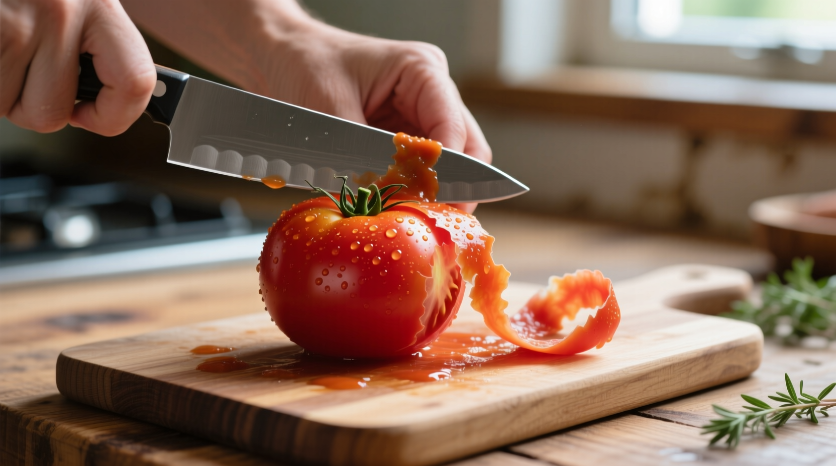 Fresh tomatoes being peeled for sauce
