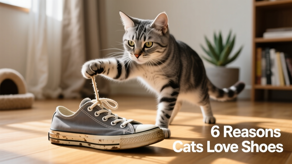 A cat intently batting at a shoelace dangling from a canvas sneaker, mid-play