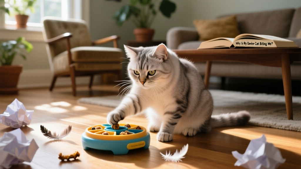 Senior cat gently batting at an interactive puzzle toy filled with treats