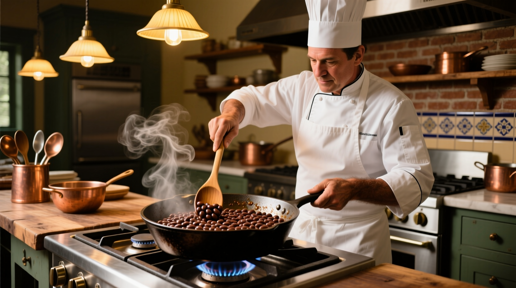 Chef stirring refried beans in cast iron skillet