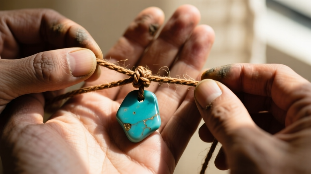 Close-up of hands tying a square knot on 1mm brown hemp cord, securing a raw turquoise pendant in soft sunlight