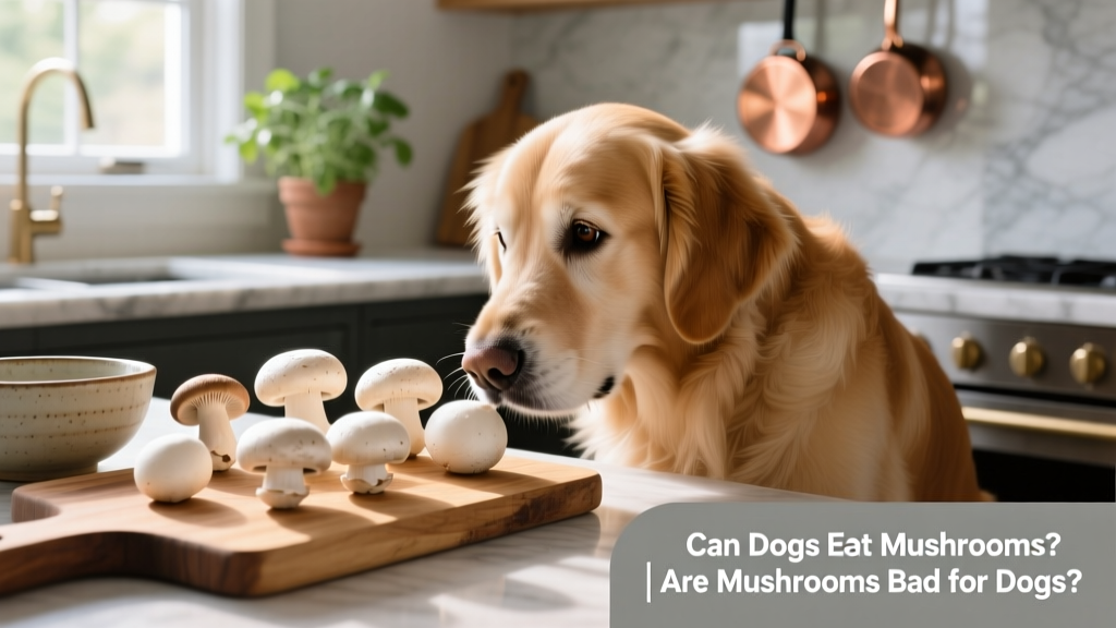 A dog curiously sniffing fresh white button and shiitake mushrooms on a kitchen counter