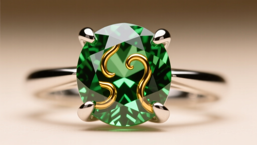 Close-up of a platinum prong setting holding a Demantoid garnet, showing golden horsetail inclusions inside the vivid green gem.