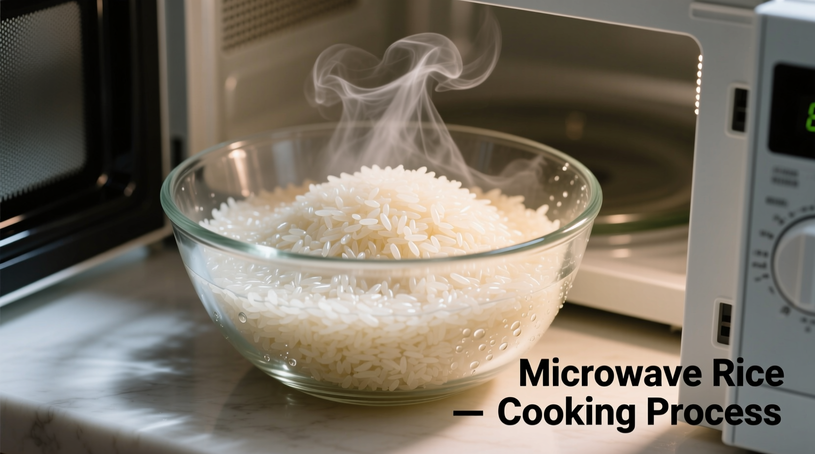 Microwave rice cooking process in glass bowl