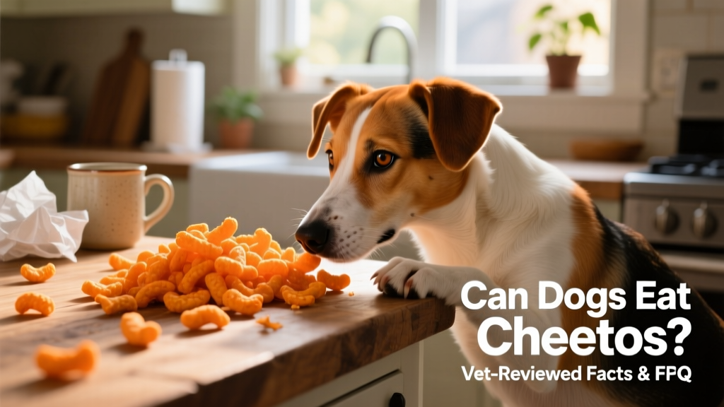 Close-up of orange Cheetos puffs scattered on a kitchen counter next to a curious dog