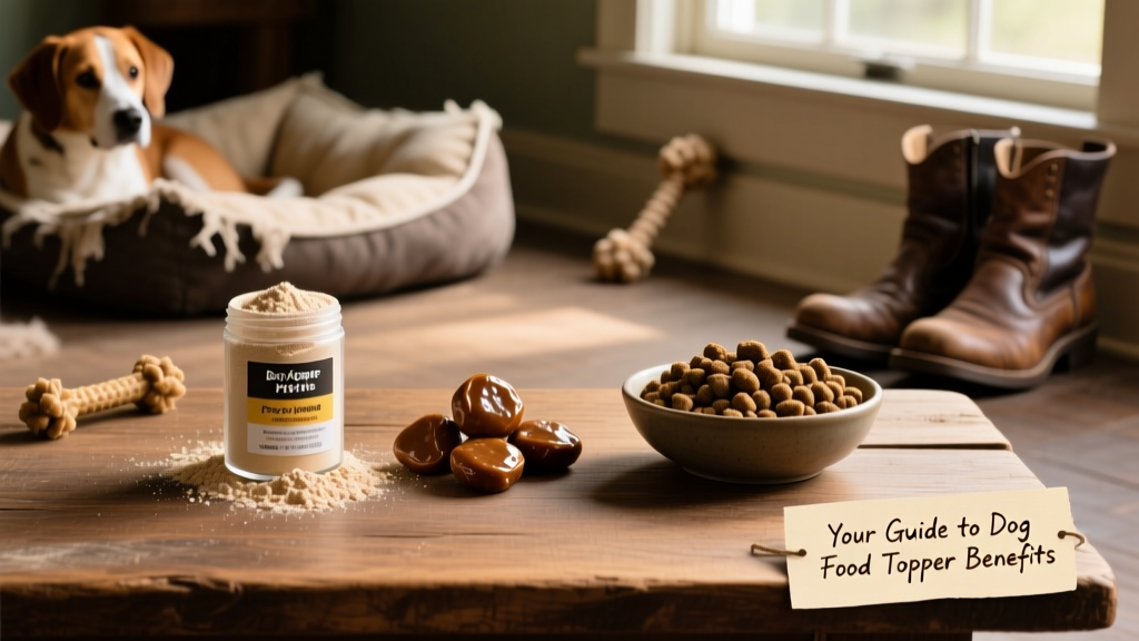 Side-by-side comparison of dry topper powders and freeze-dried nuggets next to a bowl of kibble