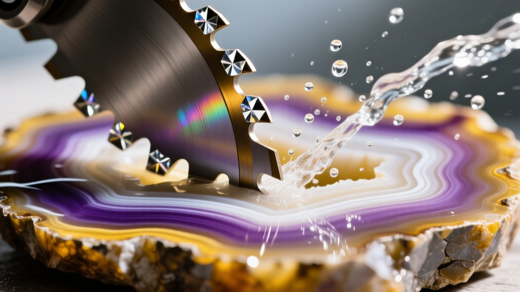 Close-up of a 6-inch diamond notched rim trim saw blade cutting through a slice of banded agate, with bright water coolant spraying the edge