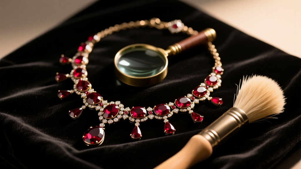 Victorian garnet necklace on dark velvet beside a jeweler's loupe and soft horsehair brush, lit by warm directional lighting