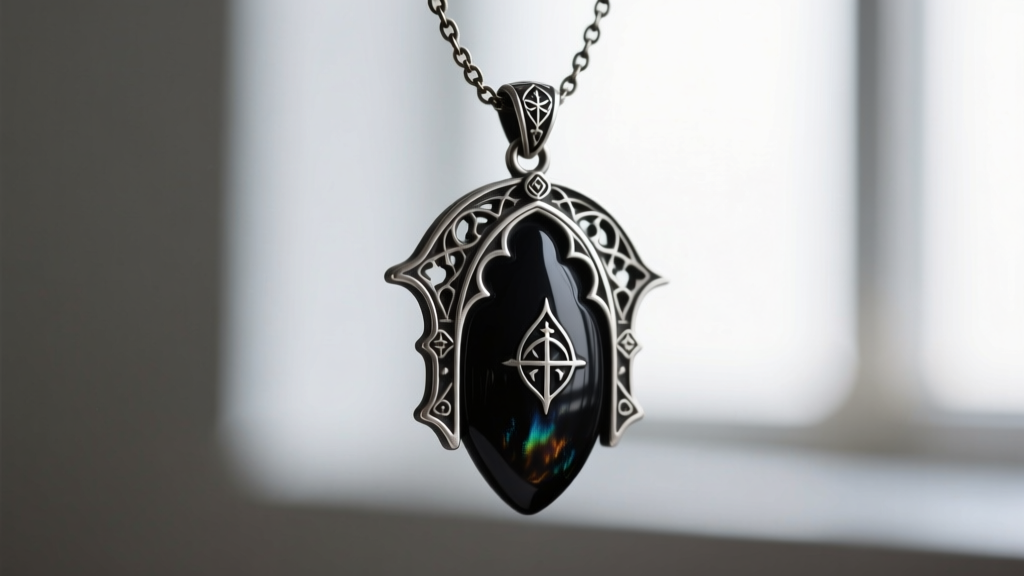 Macro shot of a vintage black vulcanite and oxidized silver pendant necklace showing carved gothic motifs and dark patina.