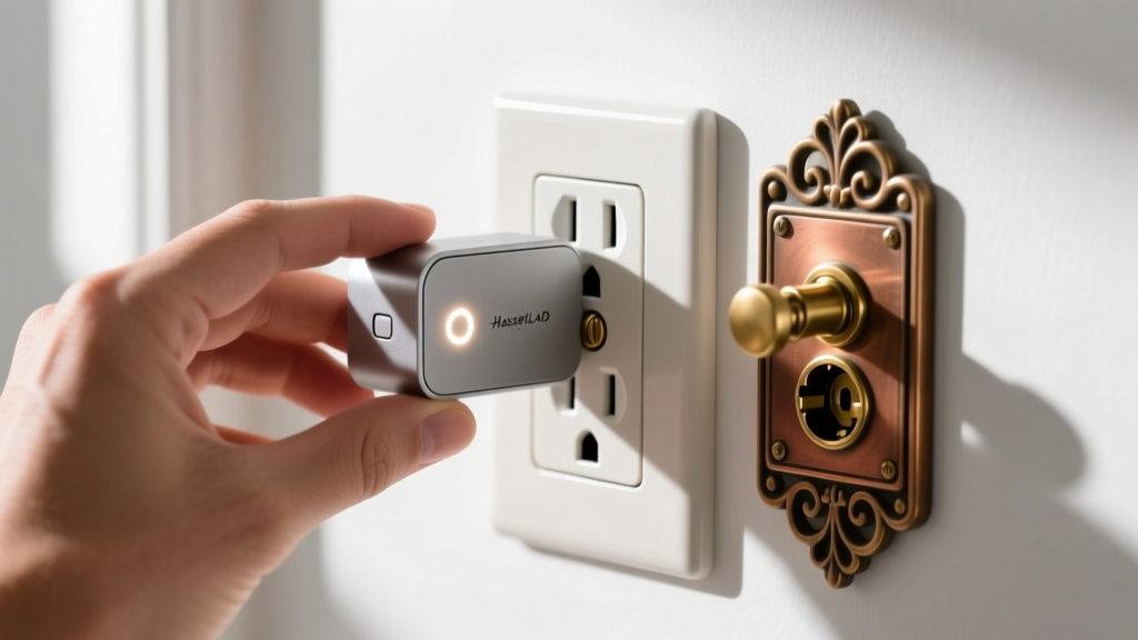 Hands plugging a compact smart energy monitoring plug into a standard 15-amp duplex wall outlet next to a vintage brass
