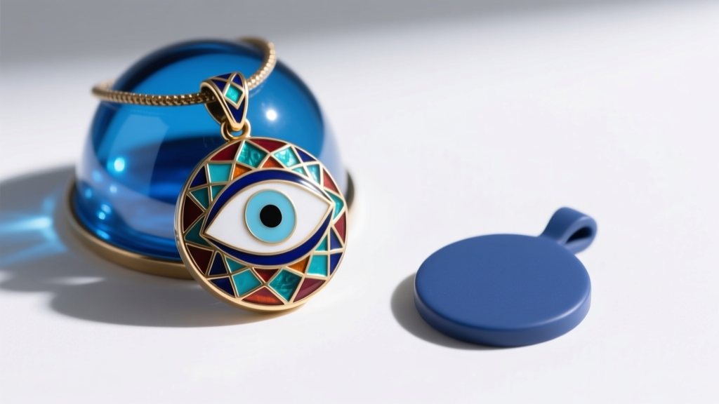 Guilloche enamel evil eye pendant revealing textured metal under translucent blue glass placed next to a flat painted resin replica.