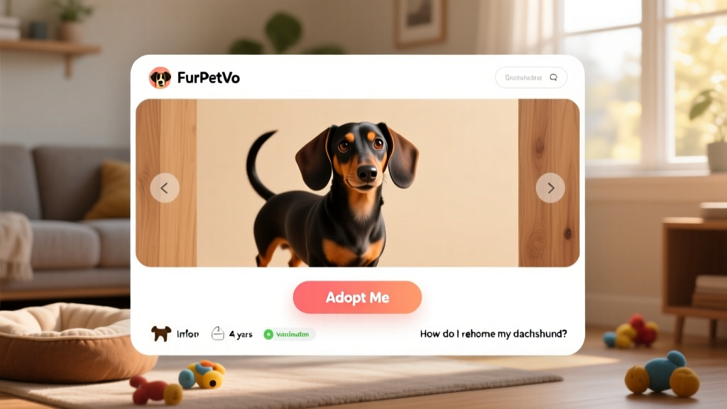 Screenshot-style graphic showing a clean, user-friendly FurPetVo profile page for a Dachshund, with photo carousel and 'Adopt Me' button