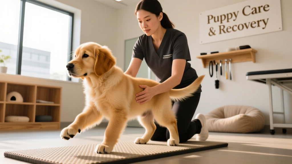 Puppy doing gentle physical therapy exercises with a certified canine rehab specialist