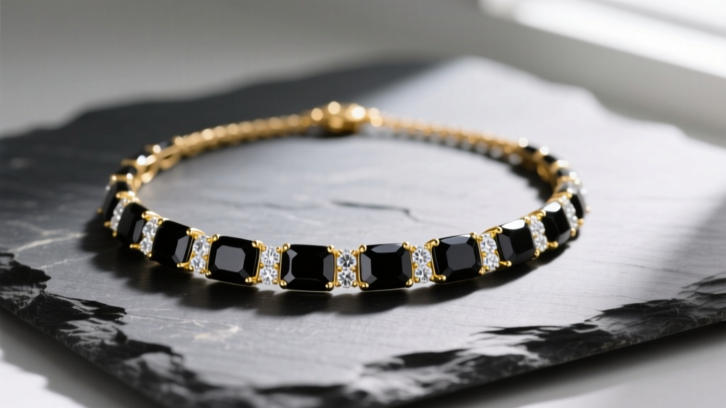 Black onyx and diamond necklace on slate, contrasting the opaque black gem with brilliant white accent diamonds in yellow gold.