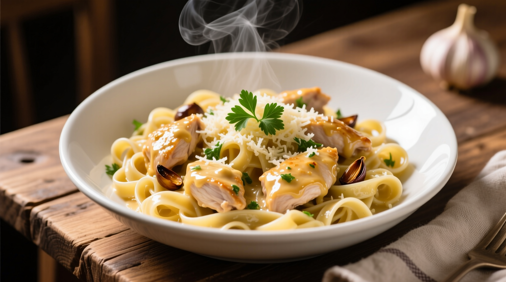 Creamy garlic butter chicken pasta in white bowl
