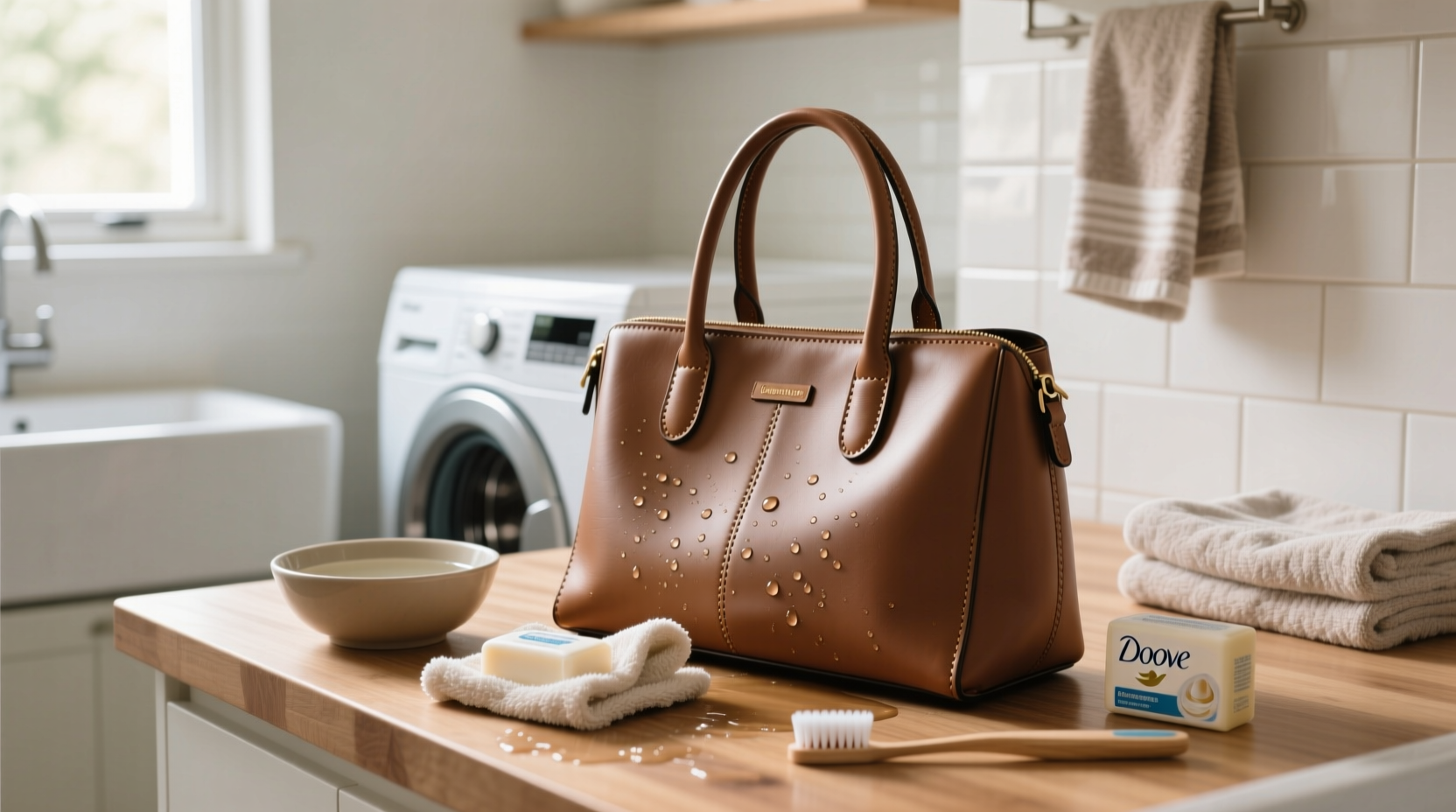 clean vegan leather handbags with laundry room supplies