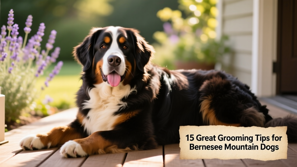 Happy Bernese Mountain Dog resting post-grooming, with clean coat and relaxed expression