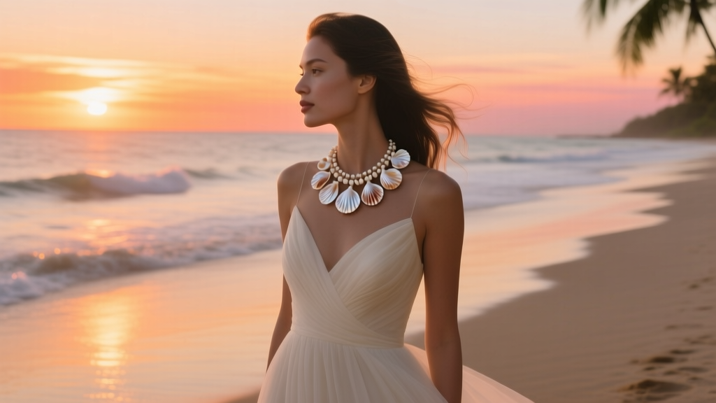 Woman wearing a layered seashell choker necklace at a sunset beach wedding, candid profile view, warm golden hour lighting, elegant
