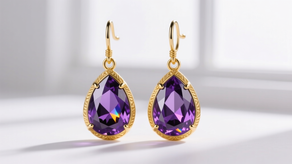 Macro shot of 18k yellow gold purple dangle earrings with pear-cut tanzanite gems on laser-welded jump rings, studio lit