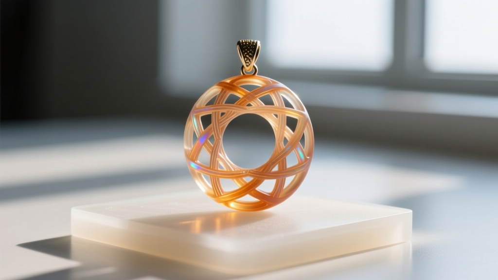 Macro photo of a raw 3D printed castable resin pendant model with intricate support structures resting on a silicone bench pad