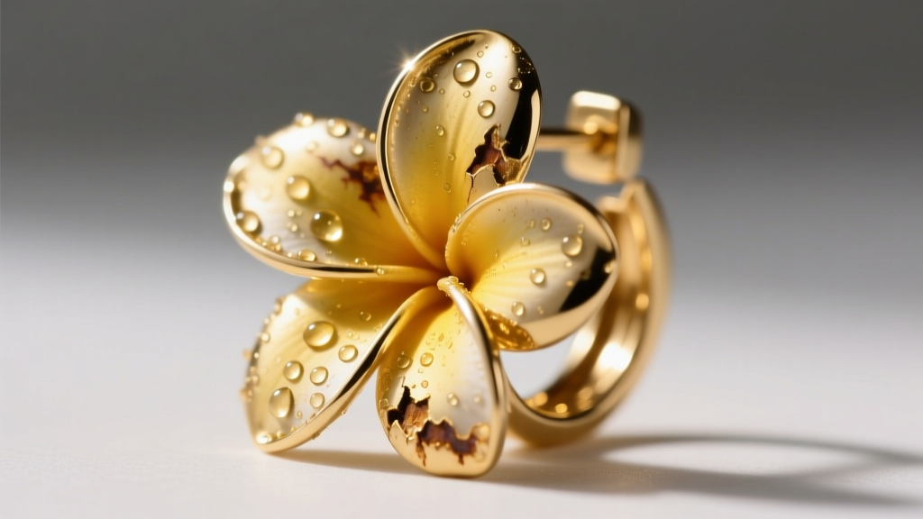 Macro view of a gold-plated plumeria earring crevice showing brass base metal bleeding and moisture damage under bright light.