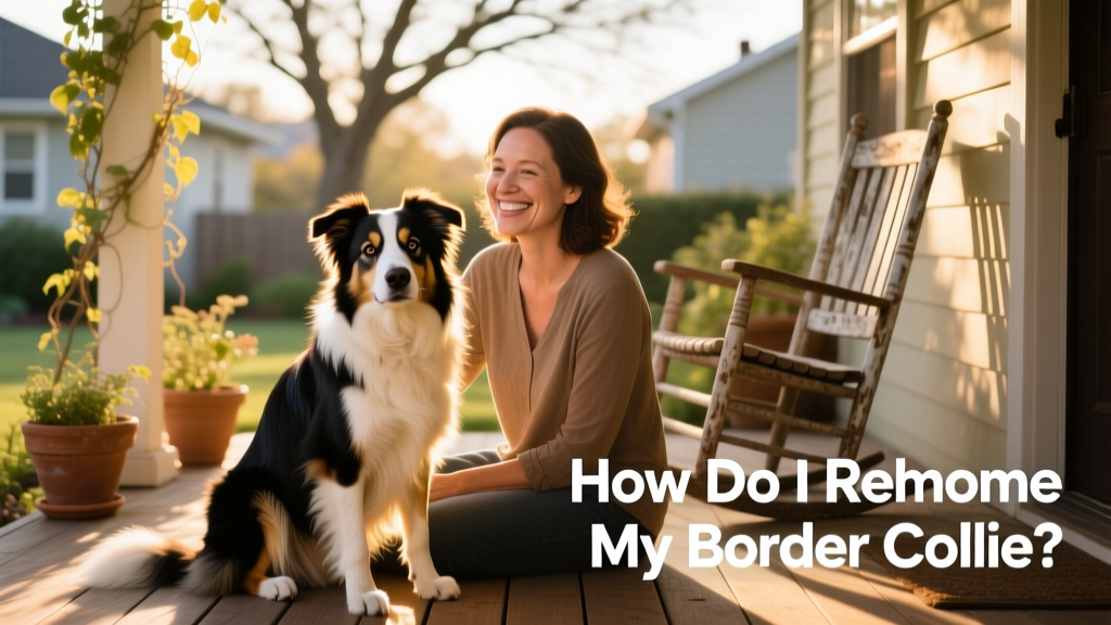 A calm, well-groomed Border Collie sitting beside a smiling adult on a sunlit porch