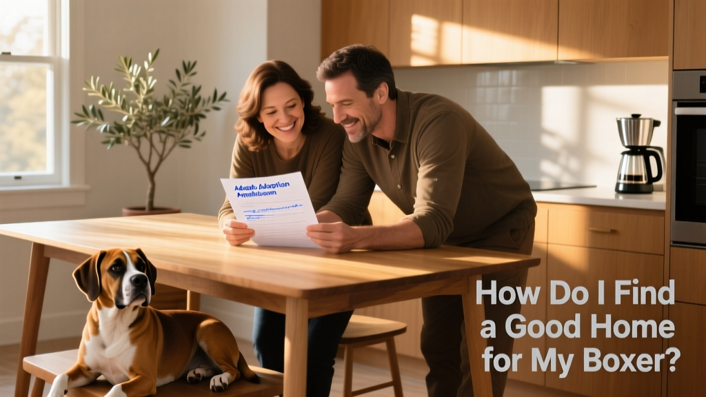 Two people reviewing a printed adoption application together at a sunlit kitchen table, with a friendly Boxer resting nearby