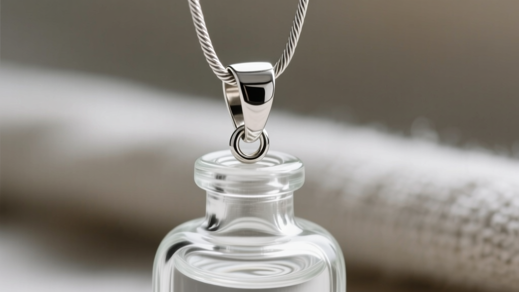Extreme close-up of a 20-gauge stainless steel jump ring connecting a delicate cable chain to a glass potion bottle pendant bail.