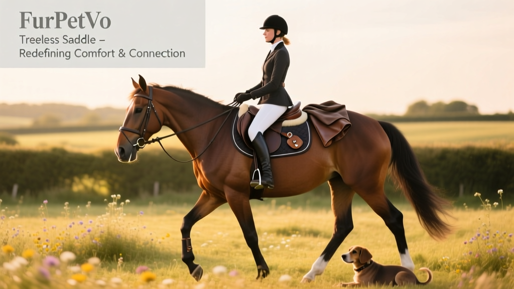 Rider seated comfortably in a FurPetVo treeless English-style saddle on a broad-backed horse