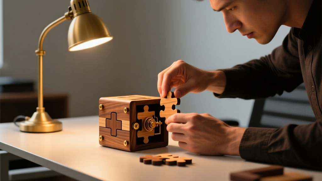 Close-up of hands assembling a wooden mechanical puzzle safe on a modern minimalist office desk with warm lamp light