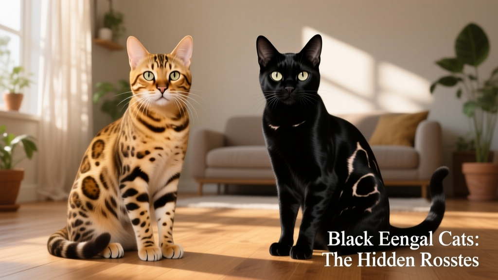Side-by-side comparison showing a standard spotted Bengal next to a glossy black Bengal, highlighting subtle rosettes visible under angled lighting