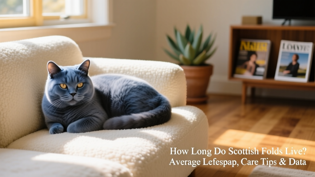 A relaxed adult blue Scottish Fold curled up on a cozy sofa, showing gentle expression and folded ears