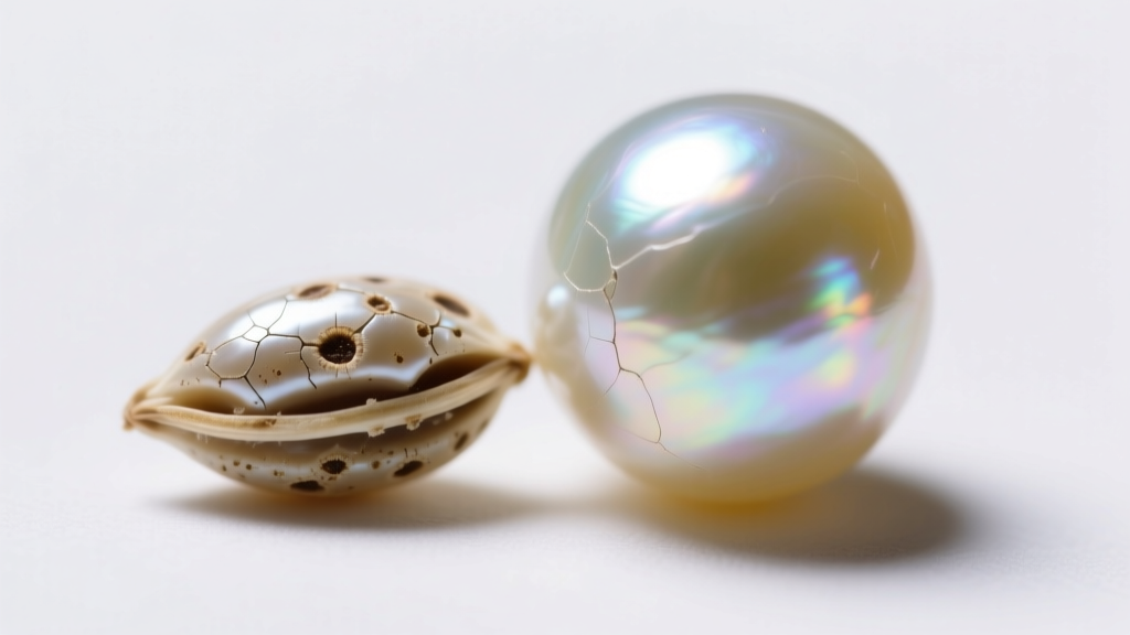 Loupe view of seed pearl beside dyed freshwater pearl, showing surface blemishes and nacre depth under bright studio lighting.