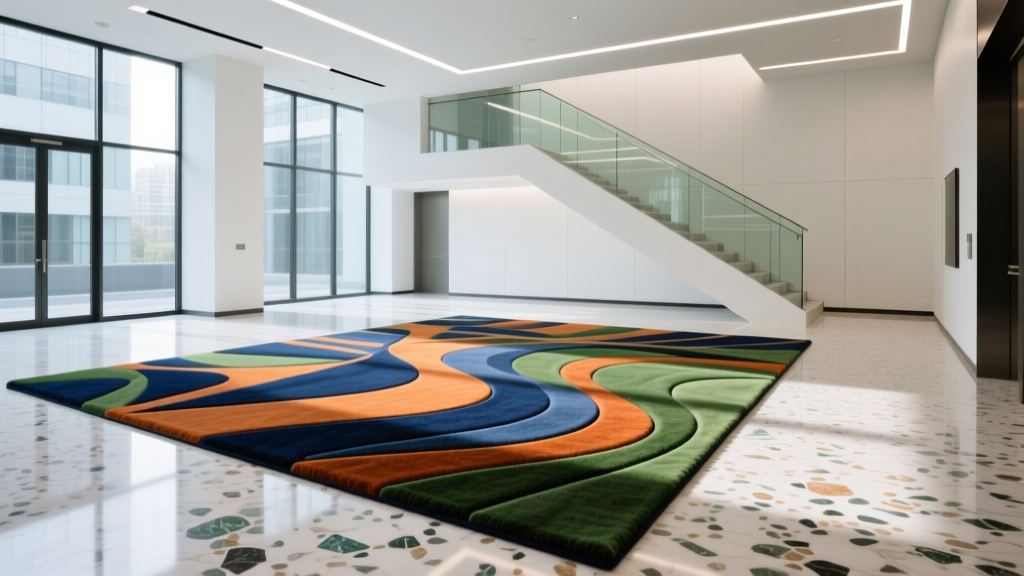 Architectural rendering of a custom waterjet-cut wool rug inlaid seamlessly into terrazzo flooring in a luxury corporate lobby space