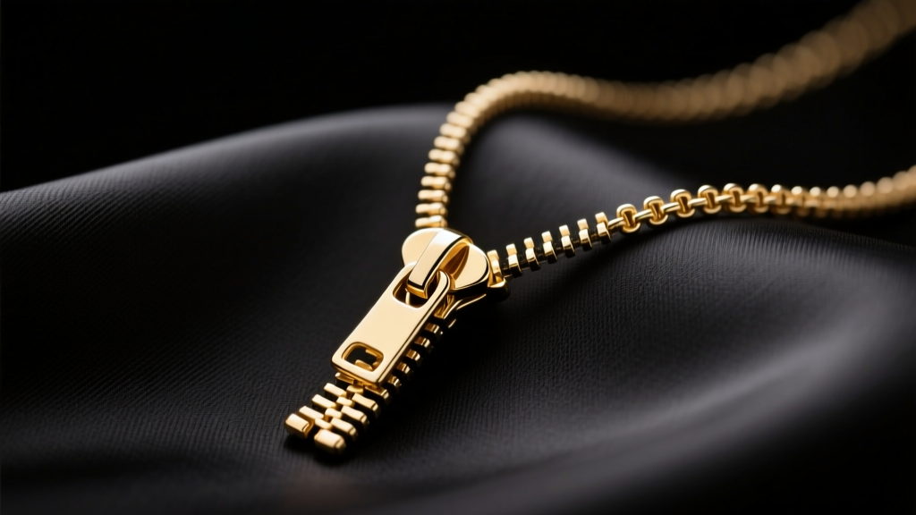 14k solid gold zipper pendant necklace resting on black silk, highlighting intricate teeth and slider details in soft studio light.