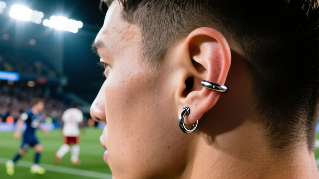 Soccer player's ear wearing a flush 18-gauge titanium labret stud, captured mid-game under bright stadium lights with sharp focus.
