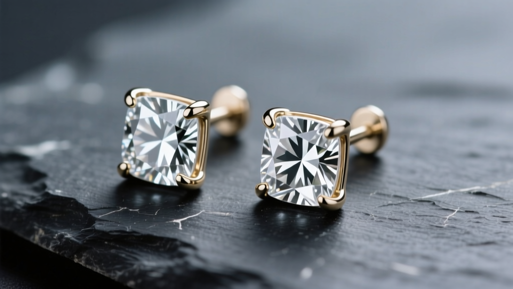 Macro shot of 14k white gold emerald cut diamond stud earrings on dark slate, highlighting step facets and V-prongs.