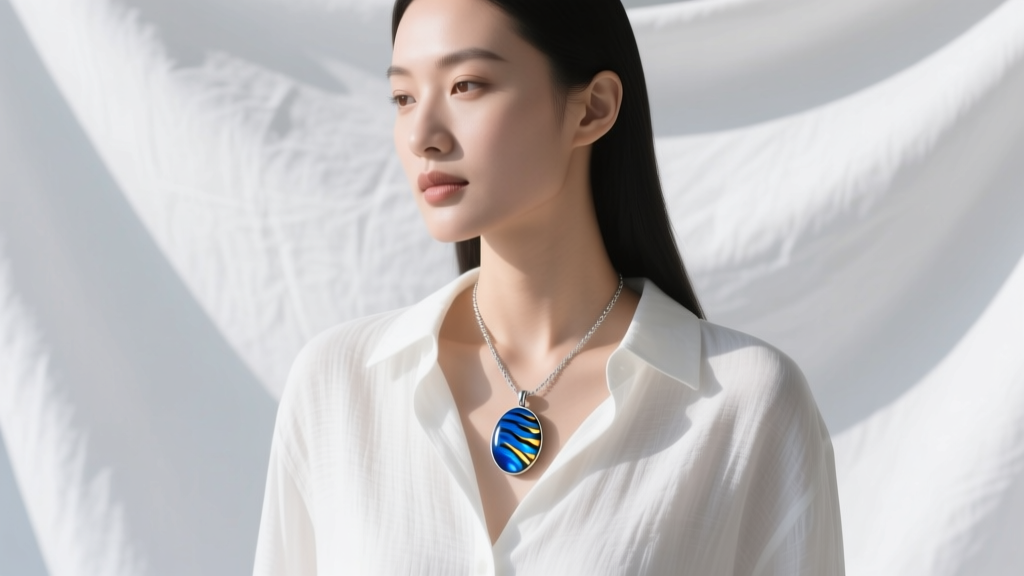 Woman wearing a blue tigers eye pendant layered with a silver chain against a crisp white linen shirt in soft natural daylight.