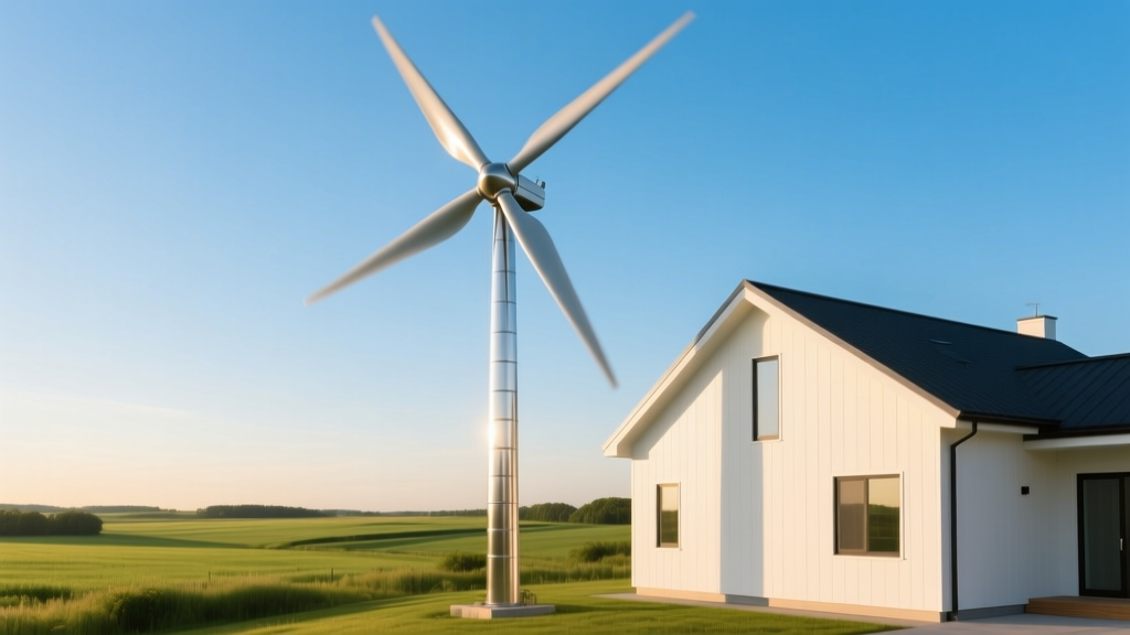 Three-blade residential wind turbine mounted on a galvanized steel monopole tower beside a modern farmhouse under a clear blue sky