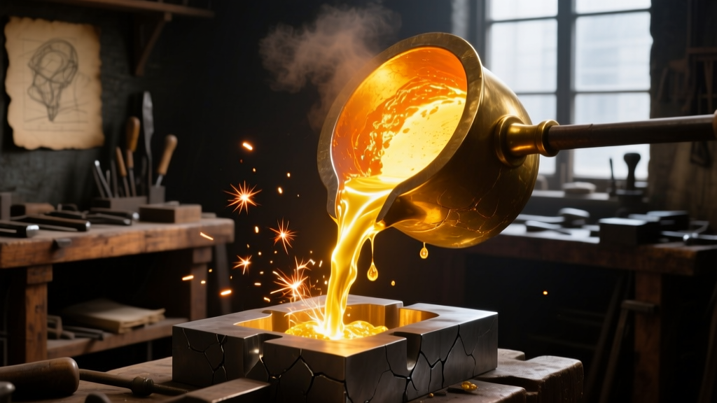 Close-up of a crucible pouring molten yellow gold into a mold, with warm orange sparks illuminating a dark jeweler workshop.