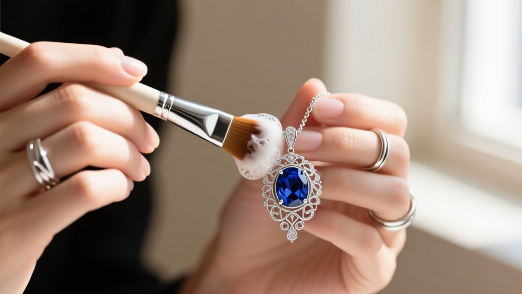 Close-up of hands using a soft-bristled brush and mild suds to gently clean a custom platinum and sapphire pendant necklace