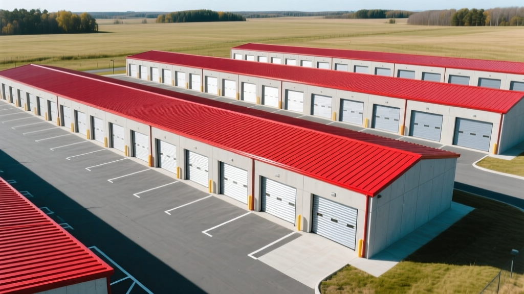 Aerial view of newly constructed single-story self storage facility with red metal roofs, concrete drive aisles, and roll-up doors