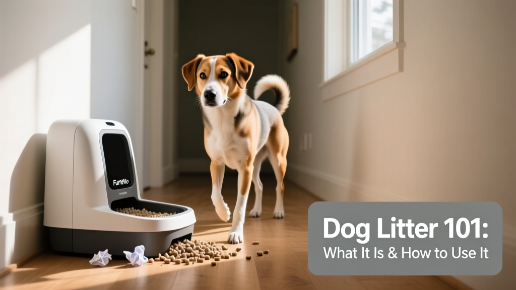 A small to medium-sized dog confidently using a FurPetVo litter box in a sunlit hallway, with visible paper pellet litter beneath