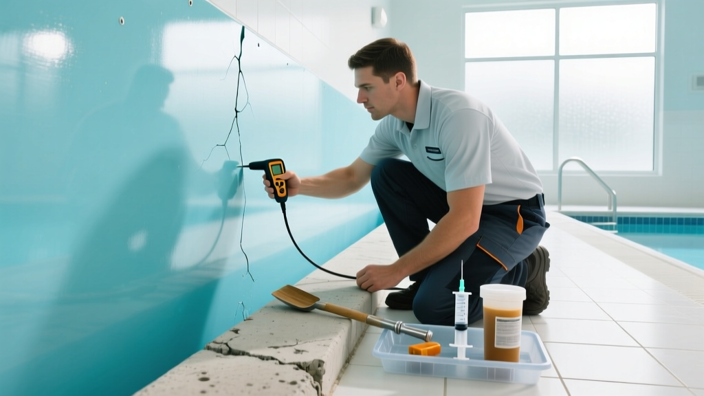 Pool technician using a moisture meter on a fibreglass pool wall next to cracked concrete coping, with epoxy repair tools visible