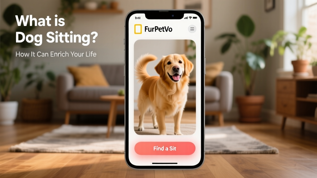 Screenshot-style image showing the FurPetVo mobile app interface with a friendly dog photo and 'Find a Sit' button highlighted