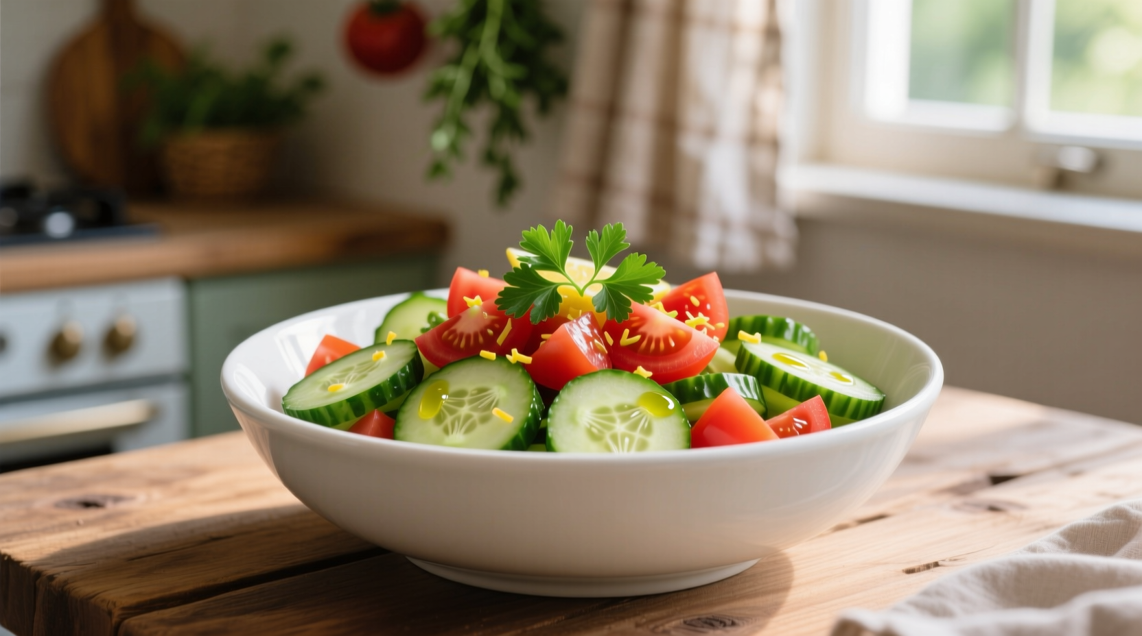 Fresh cucumber tomato salad in white bowl